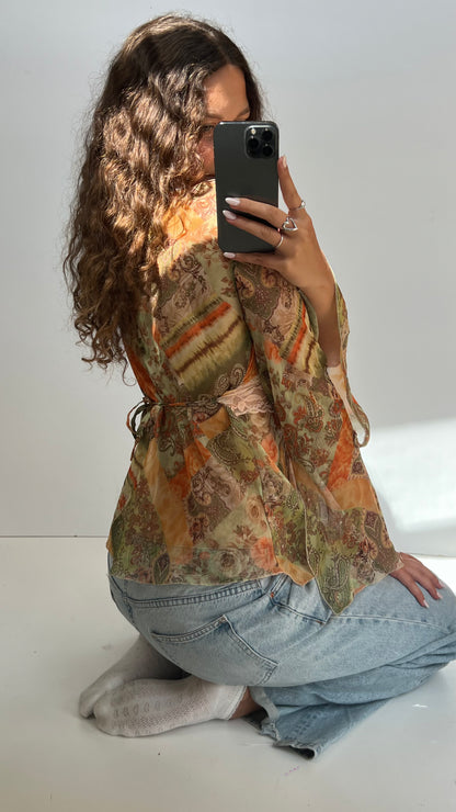 00s green orange paisley top- size L