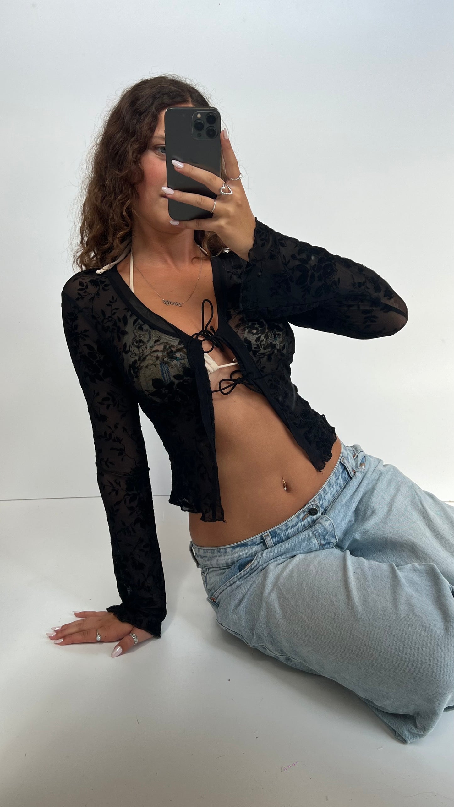 00s black velvet mesh top- size S
