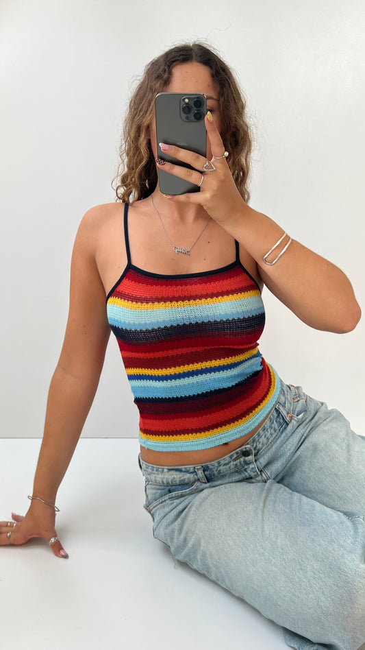 00s red blue striped crochet cami- size S