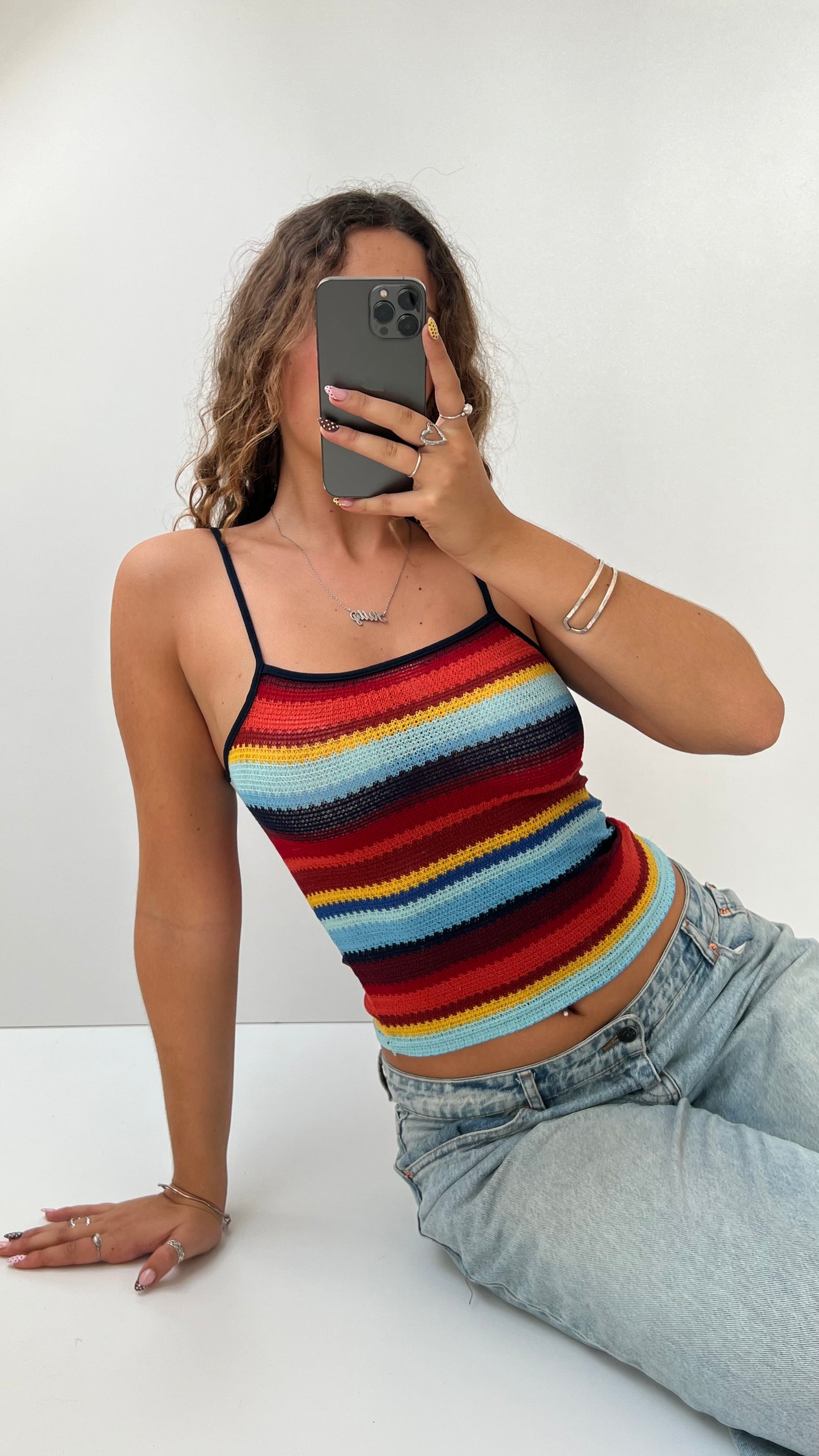 00s red blue striped crochet cami- size S