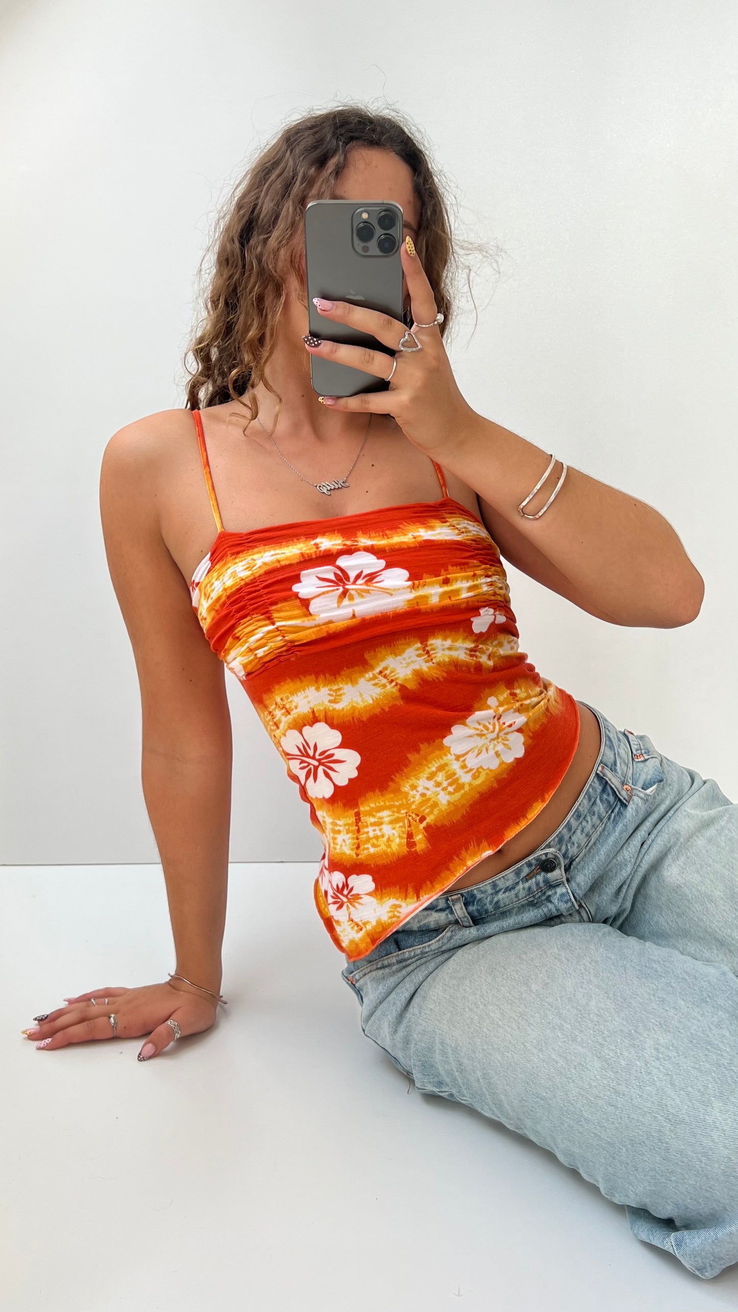 00s orange hibiscus asymmetrical cami- size S