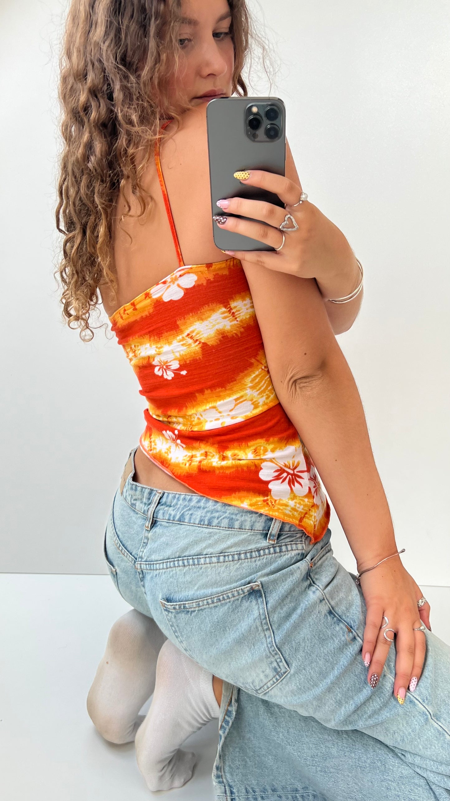 00s orange hibiscus asymmetrical cami- size S