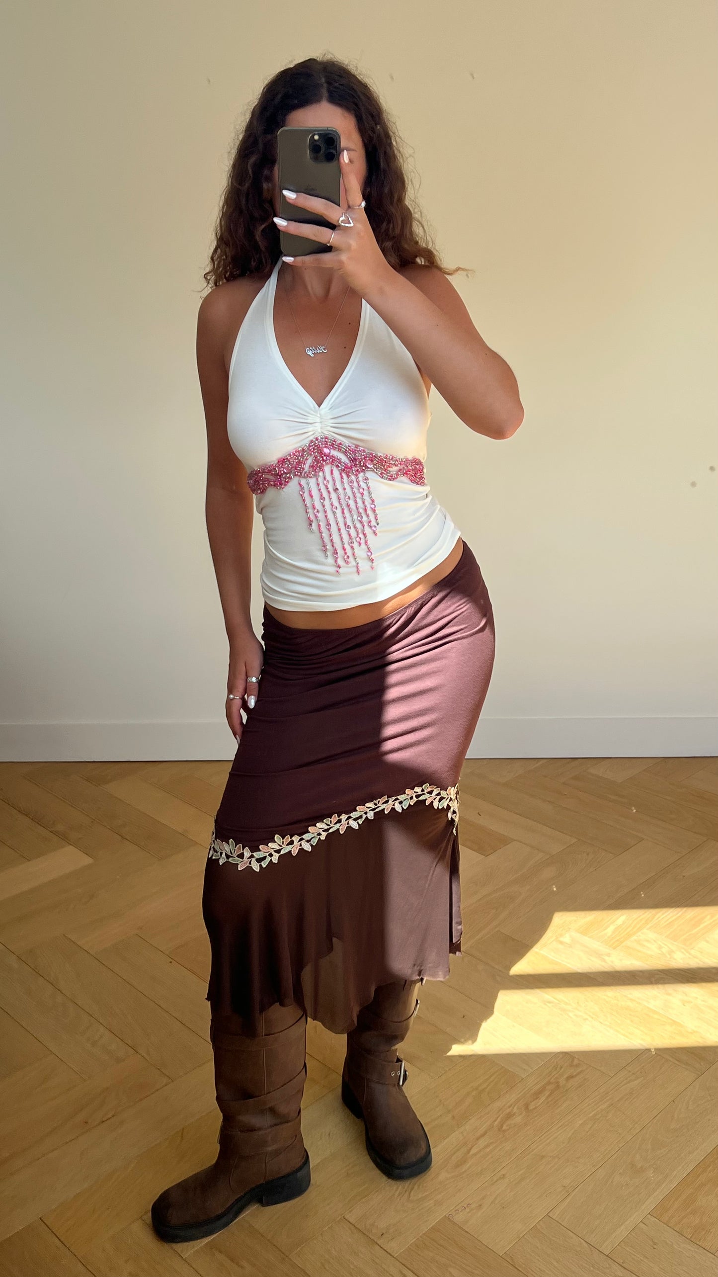 00s brown embroidered midi skirt- size M
