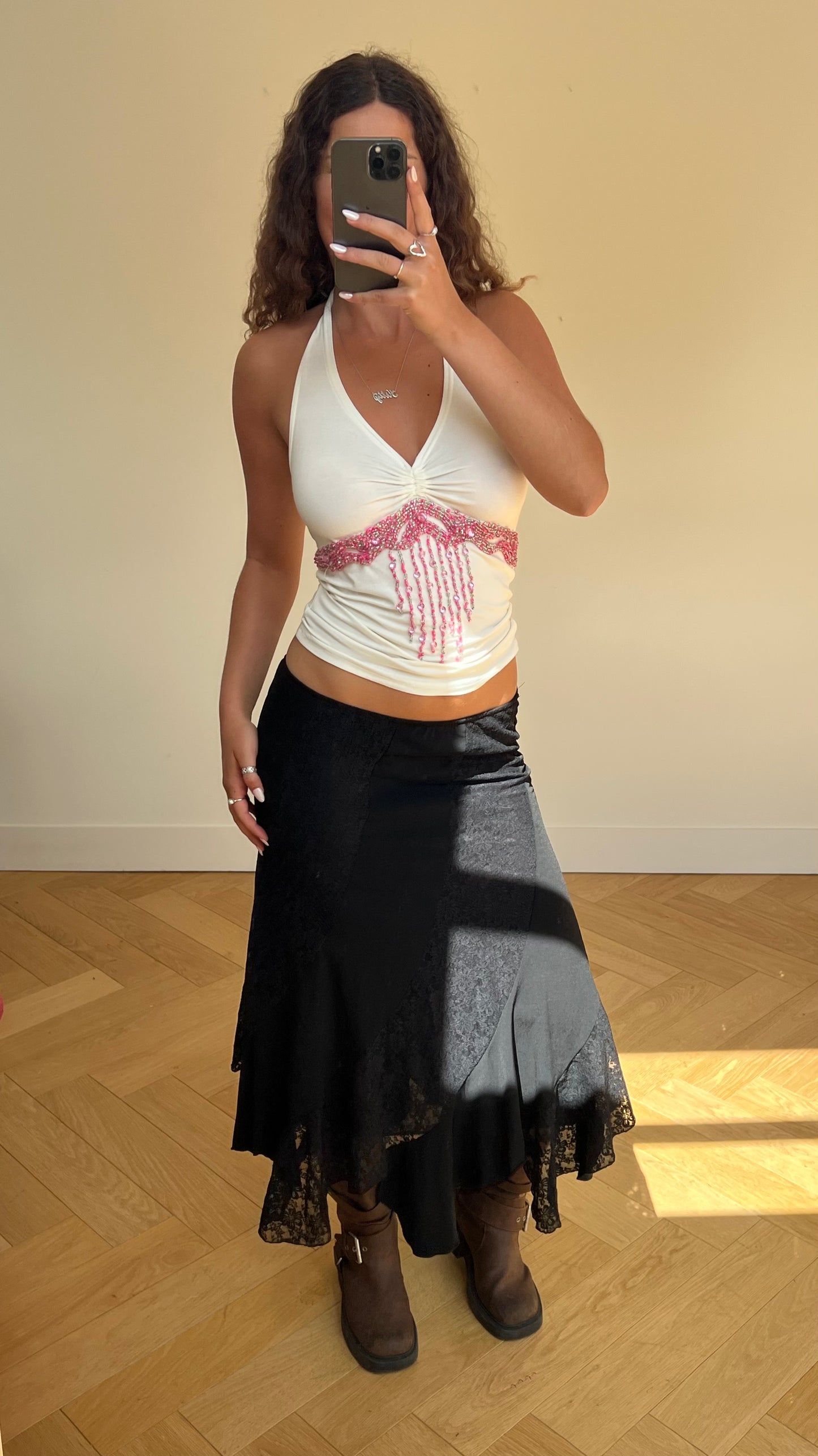 00s black lace maxi skirt- size L