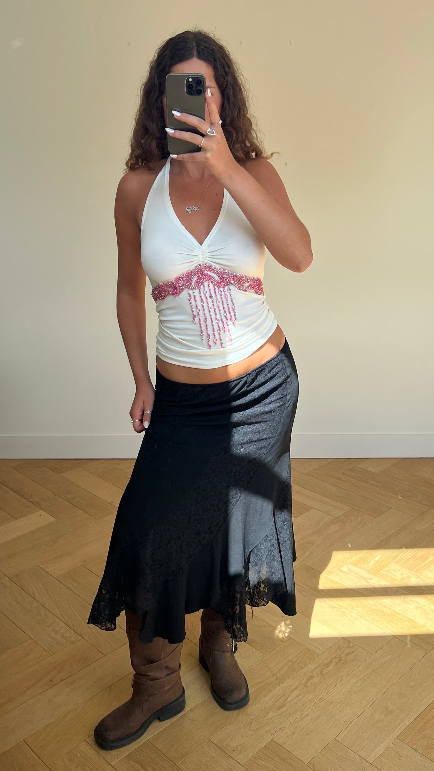 00s black lace maxi skirt- size L