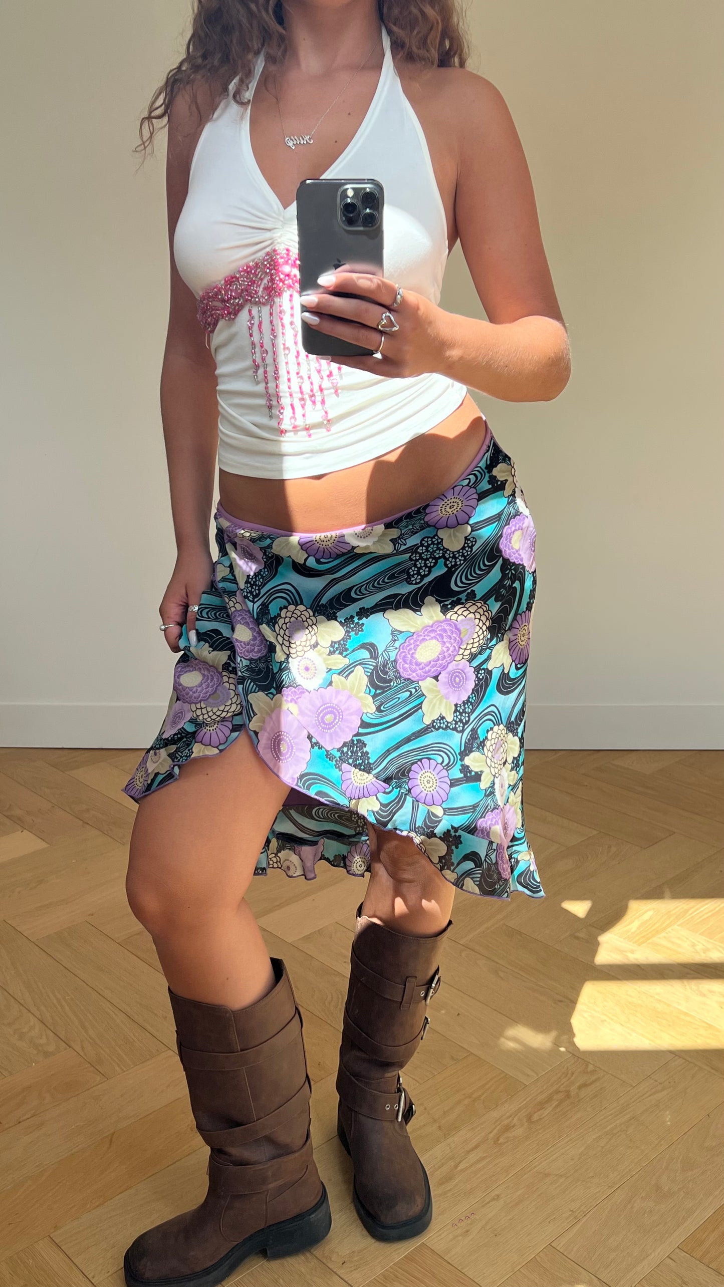 00s blue purple floral skirt- size M