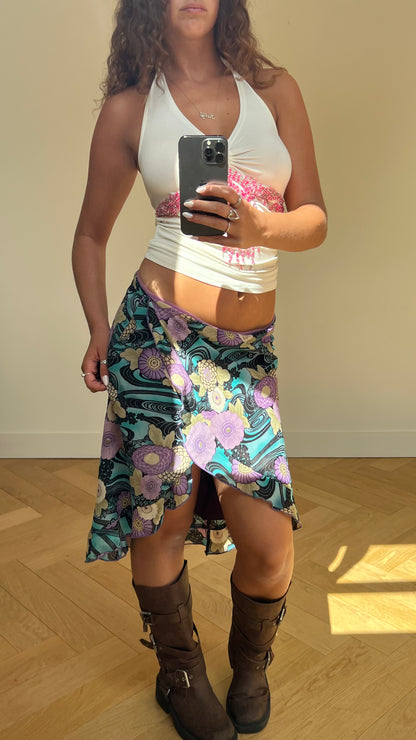 00s blue purple floral skirt- size M