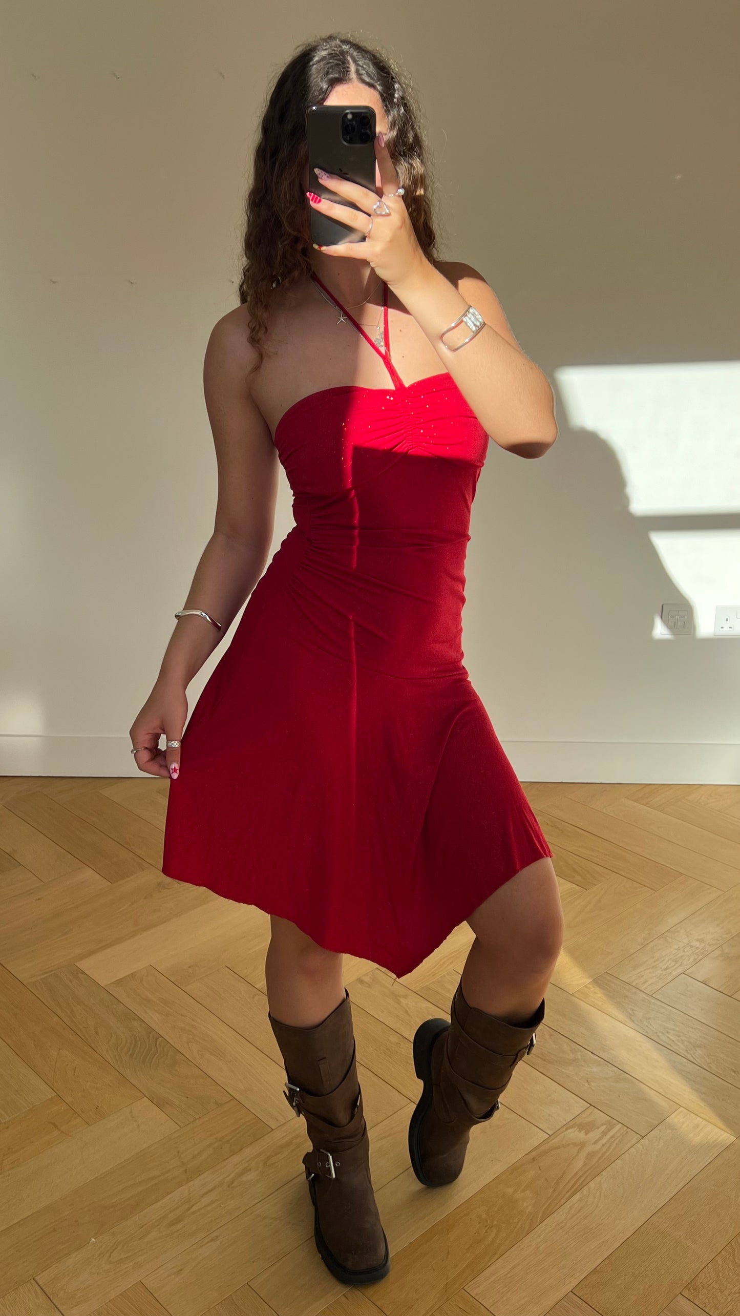 00s red glitter midi dress- size S