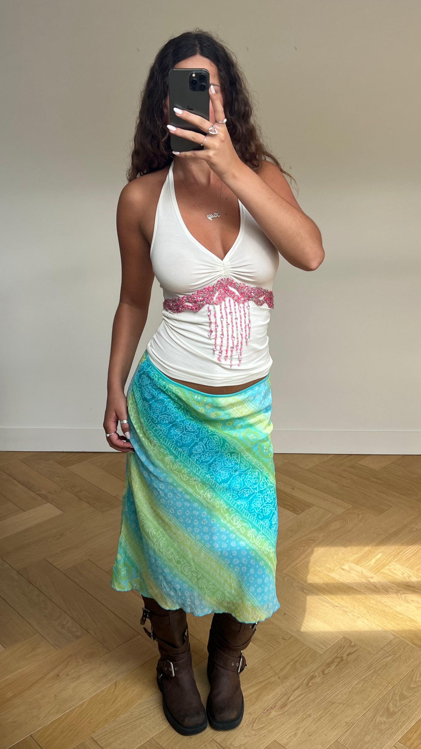 00s blue green mesh midi skirt- size M