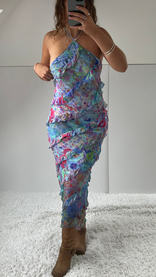00s blue floral mesh ruffle maxi dress- size S/M