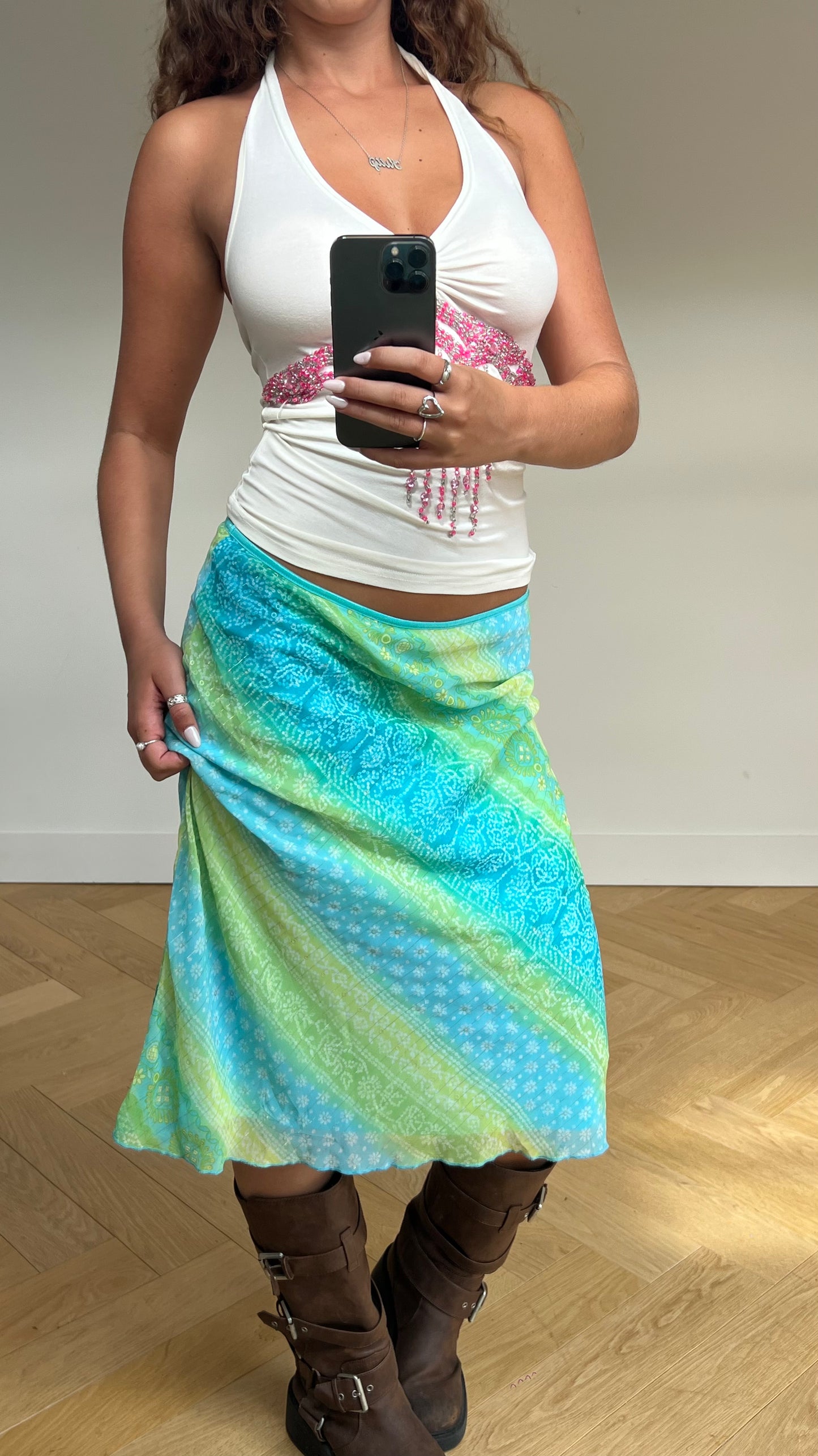 00s blue green mesh midi skirt- size M