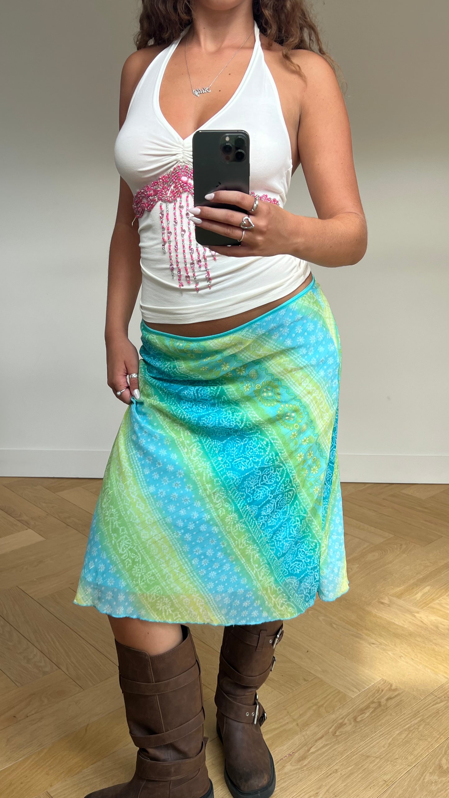 00s blue green mesh midi skirt- size M