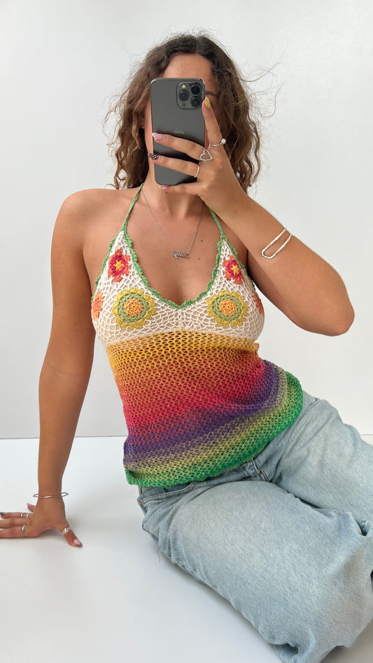 00s colourful crochet halter cami- size M