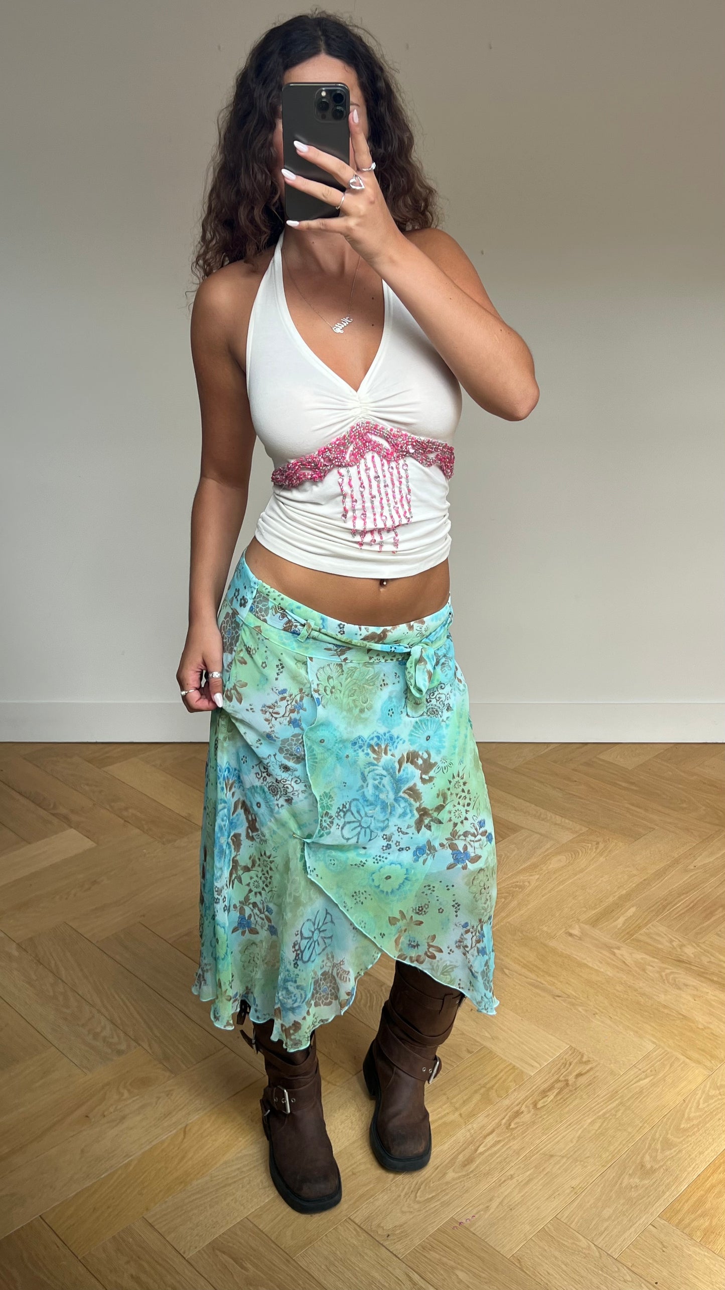 00s blue floral midi skirt- size L