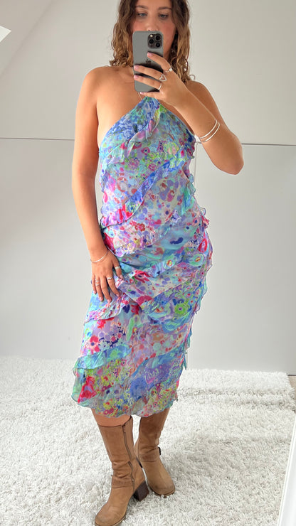 00s blue floral mesh ruffle maxi dress- size S/M