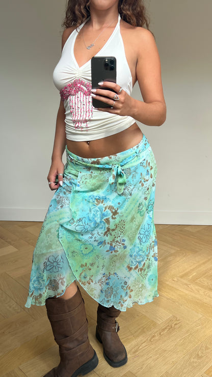 00s blue floral midi skirt- size L