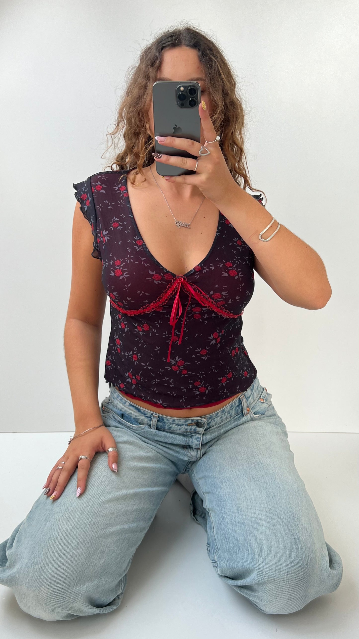 00s red mesh floral top- size L
