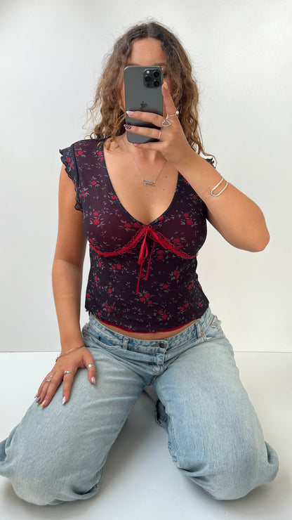 00s red mesh floral top- size L