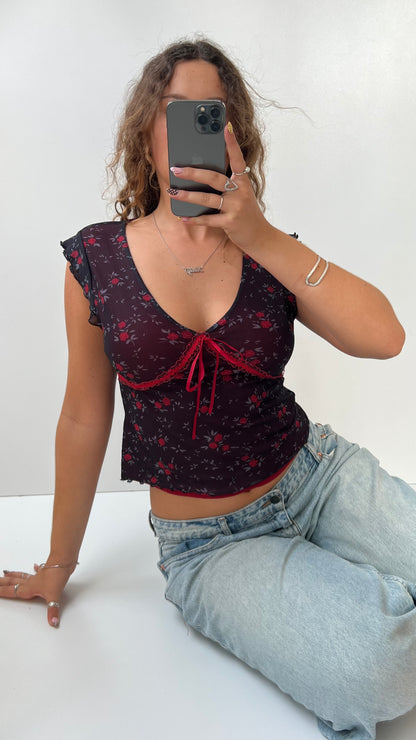 00s red mesh floral top- size L