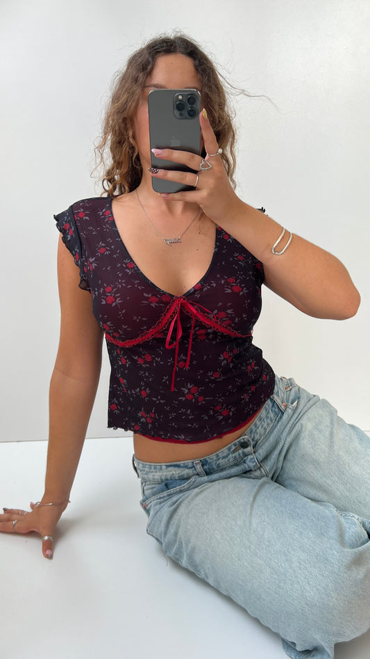 00s red mesh floral top- size L