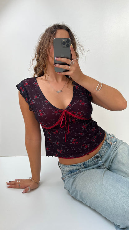 00s red mesh floral top- size L