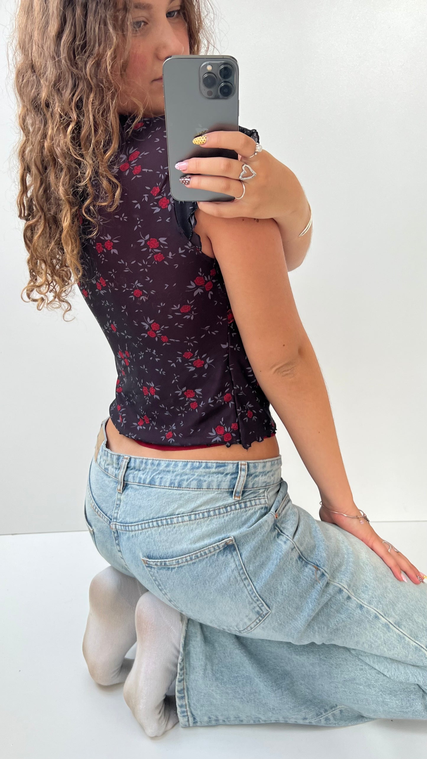 00s red mesh floral top- size L