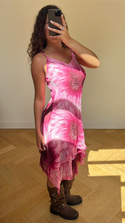 00s pink flower midi dress- size L