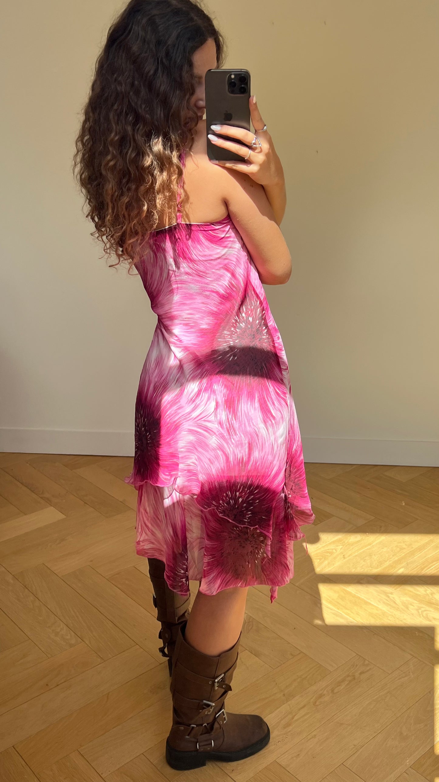 00s pink flower midi dress- size L