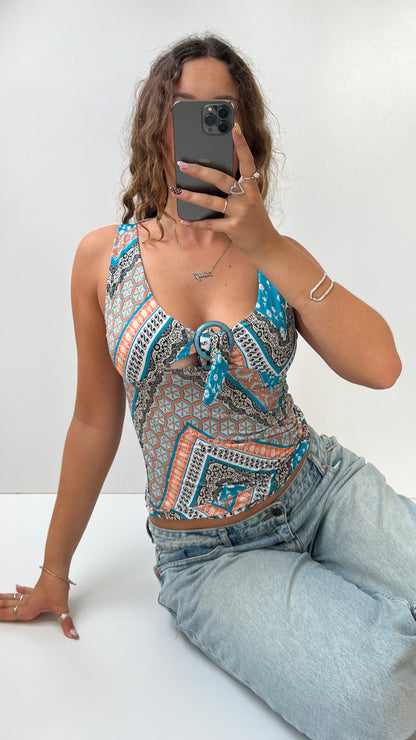 00s blue orange slinky patterned top- size S