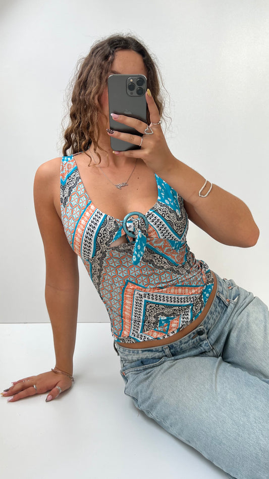 00s blue orange slinky patterned top- size S
