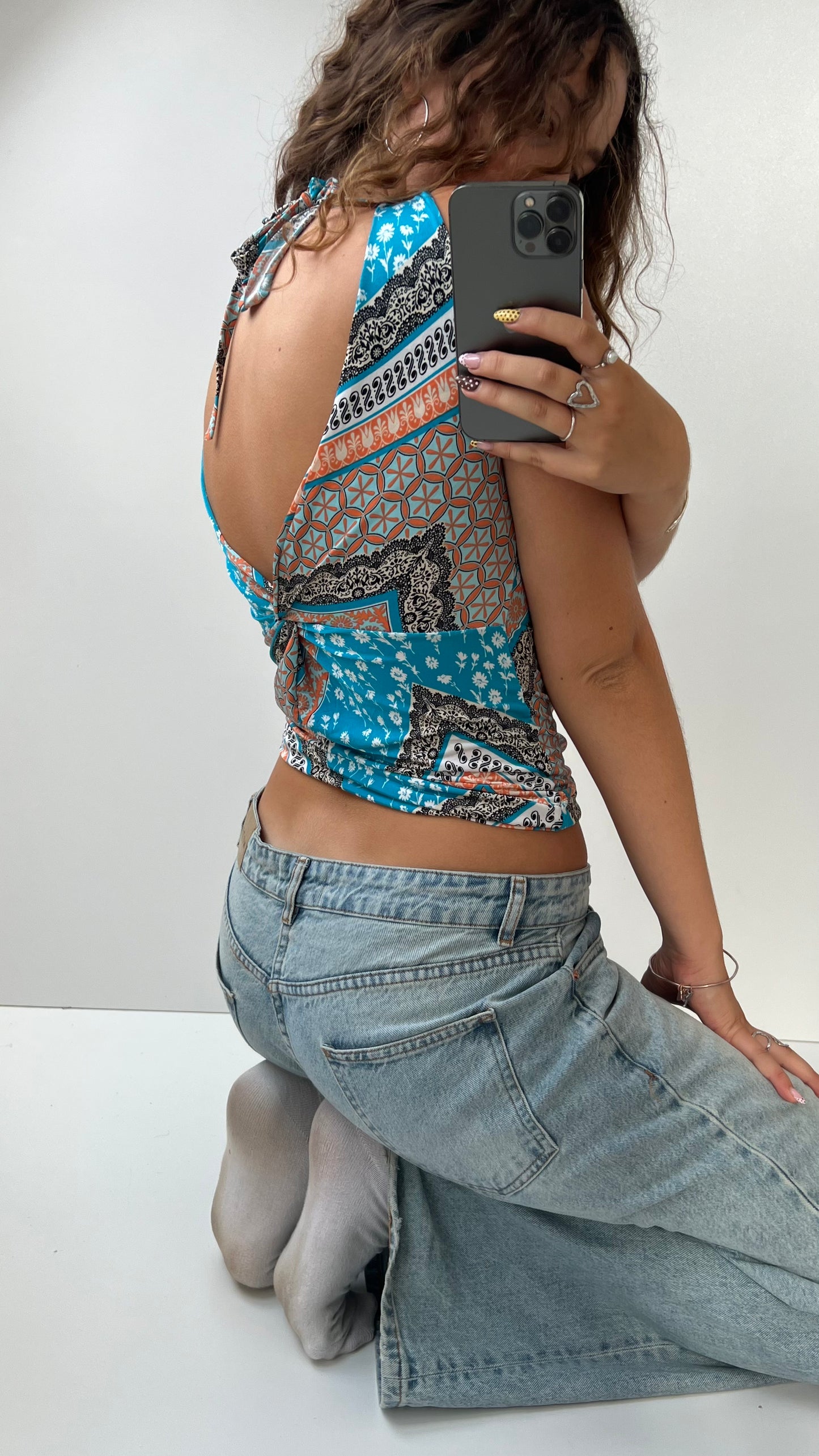 00s blue orange slinky patterned top- size S