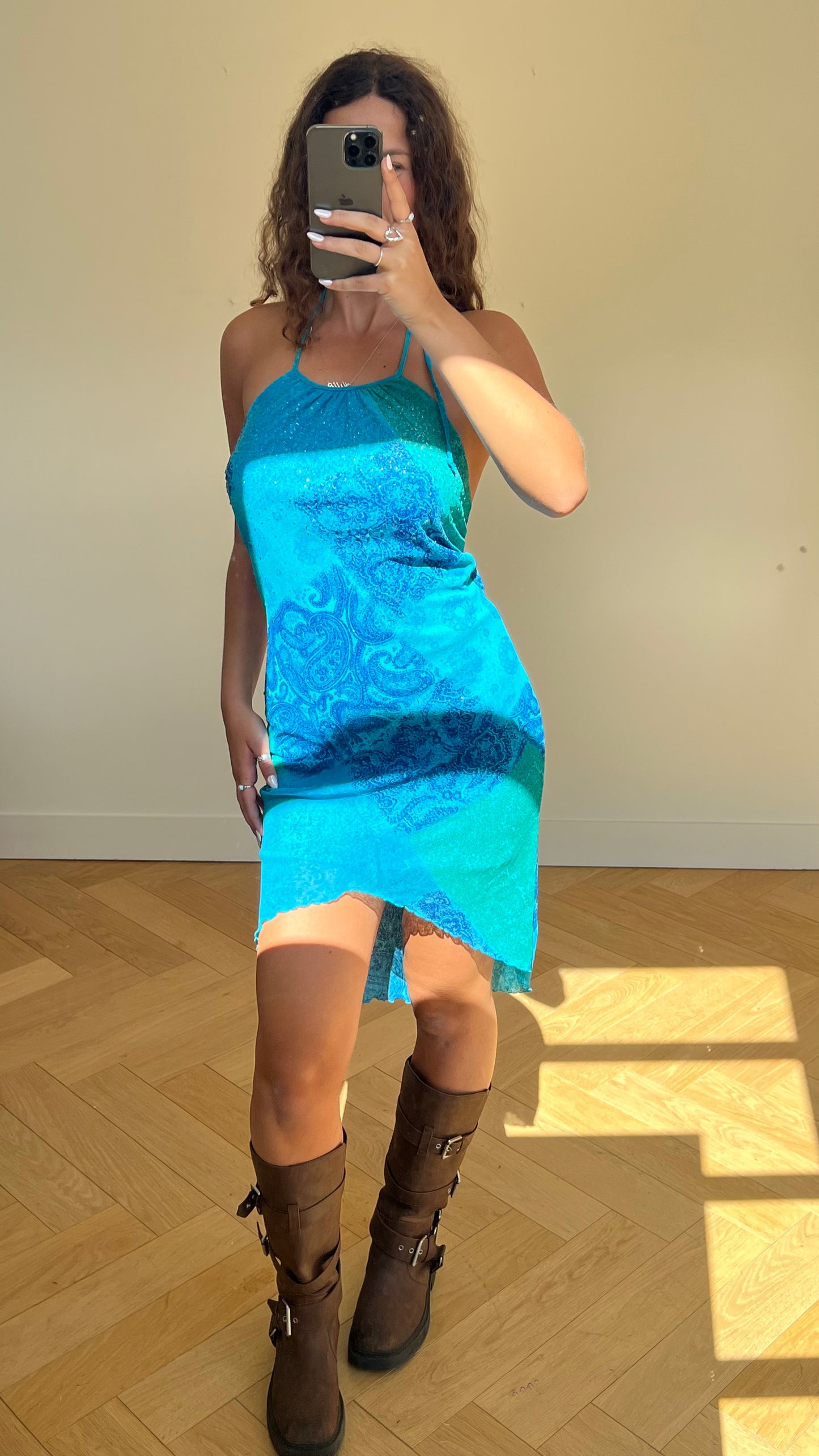 00s blue mesh beaded midi dress- size M/L