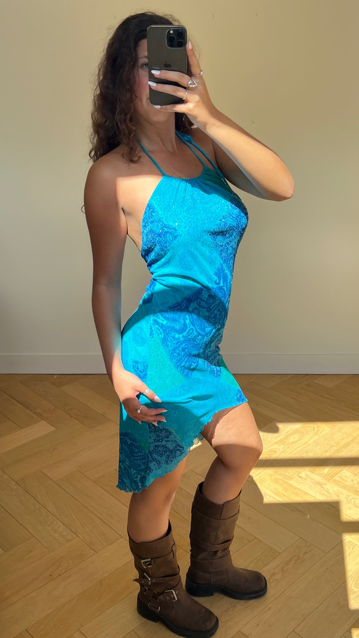 00s blue mesh beaded midi dress- size M/L