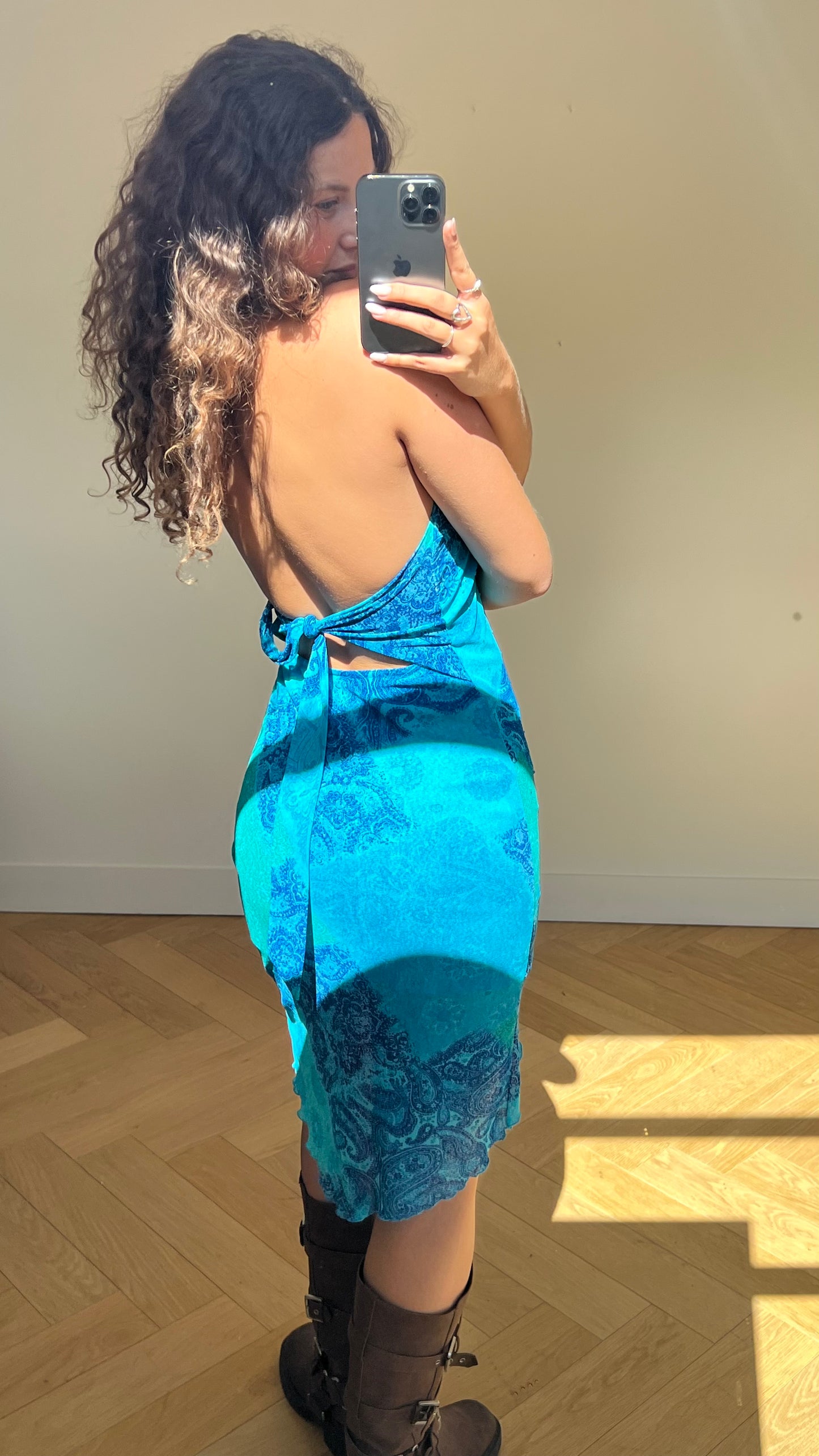 00s blue mesh beaded midi dress- size M/L