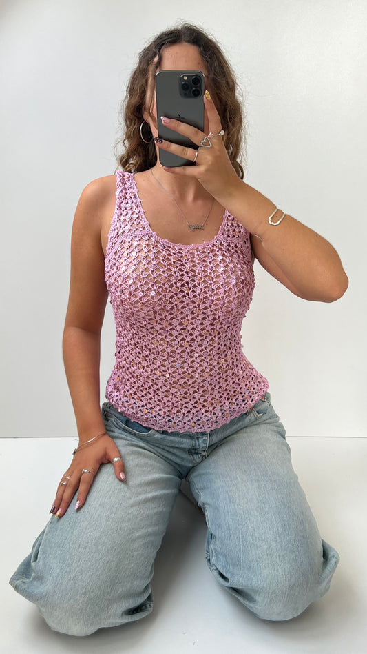 00s pink sequin crochet cami- size S/M