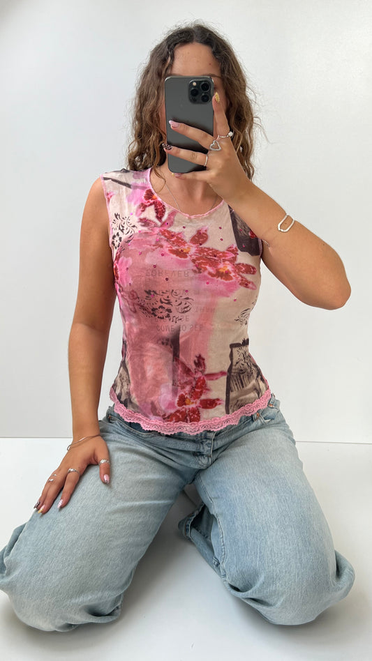00s pink mesh graphic tank top- size M
