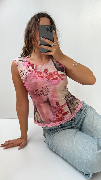 00s pink mesh graphic tank top- size M