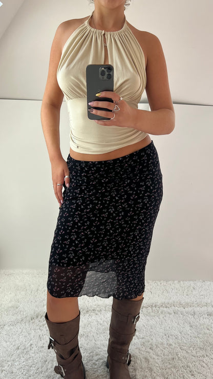 00s black floral mesh midi skirt- size S/M