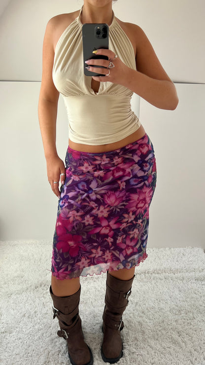 00s pink mesh floral midi skirt- size S