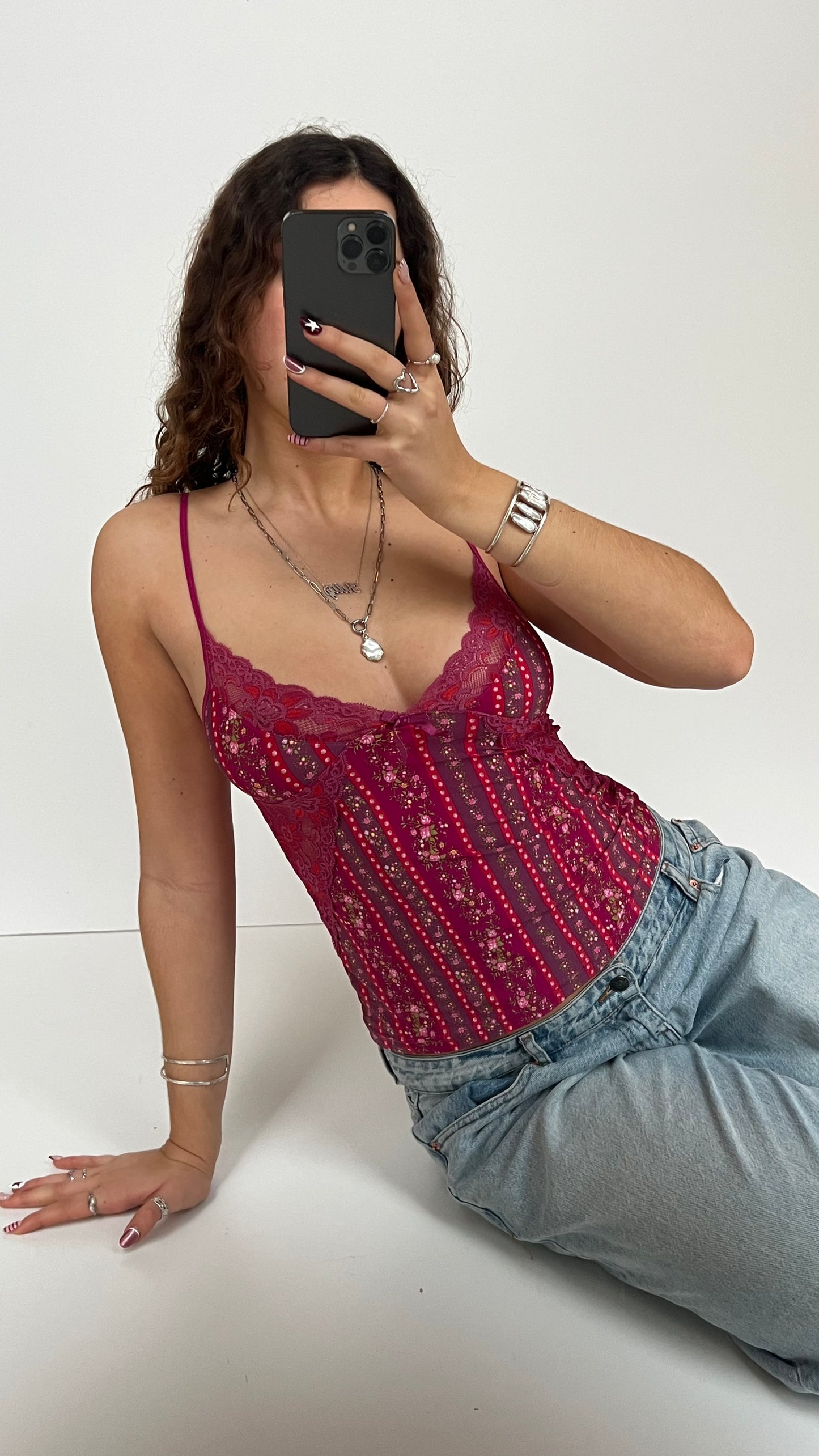 00s pink floral lace cami- size M