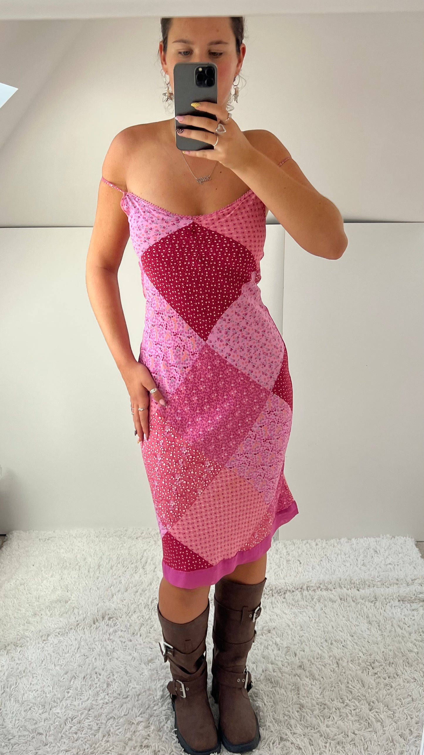 00s pink patchwork midi dress- size XS