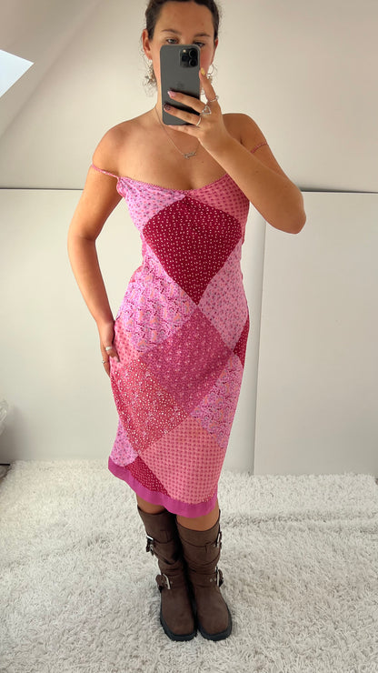 00s pink patchwork midi dress- size XS