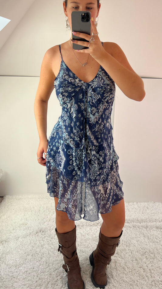 00s blue paisley mesh mini dress- size L