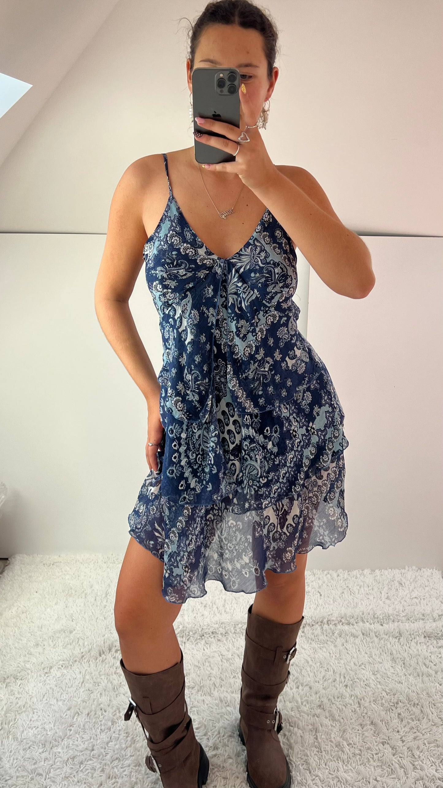 00s blue paisley mesh mini dress- size L
