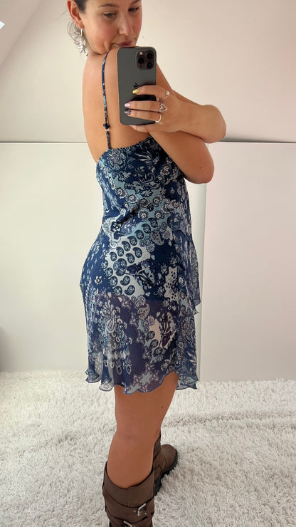 00s blue paisley mesh mini dress- size L