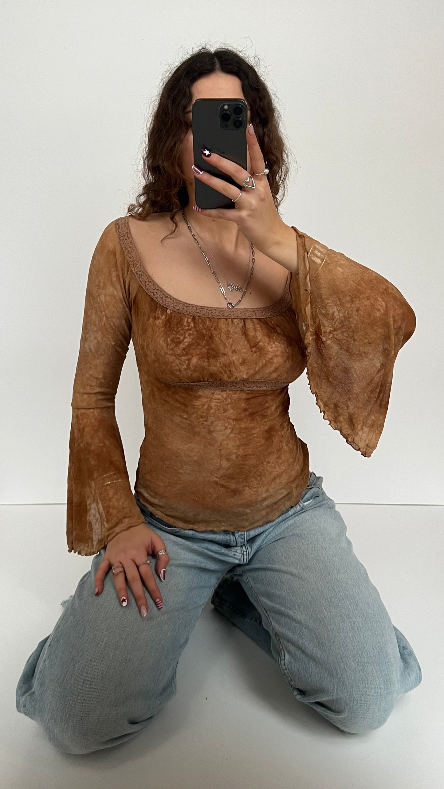00s brown mesh long sleeve top- size M