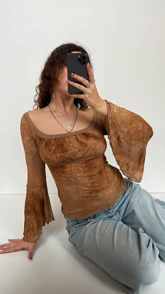 00s brown mesh long sleeve top- size M