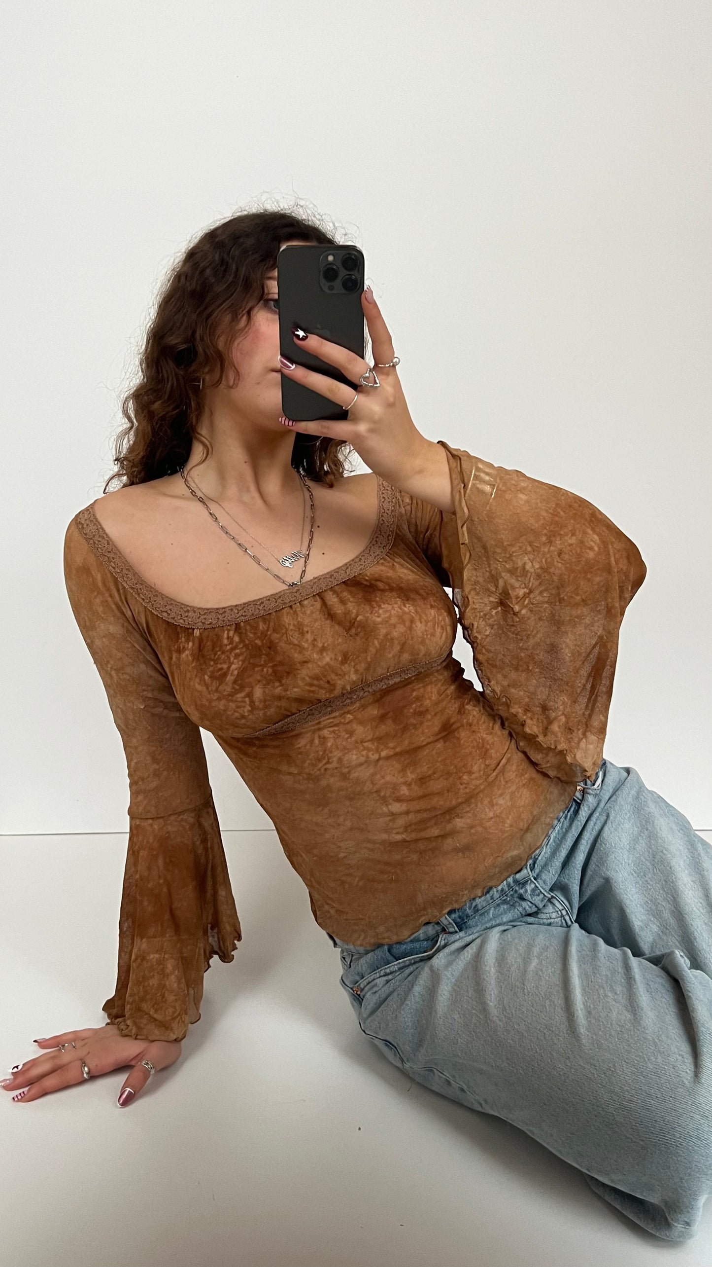 00s brown mesh long sleeve top- size M