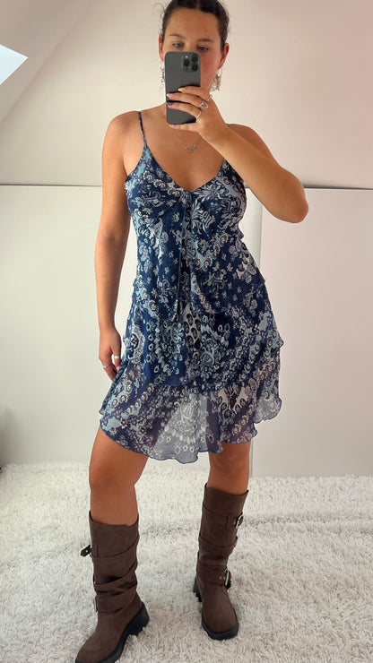 00s blue paisley mesh mini dress- size L