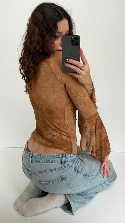 00s brown mesh long sleeve top- size M